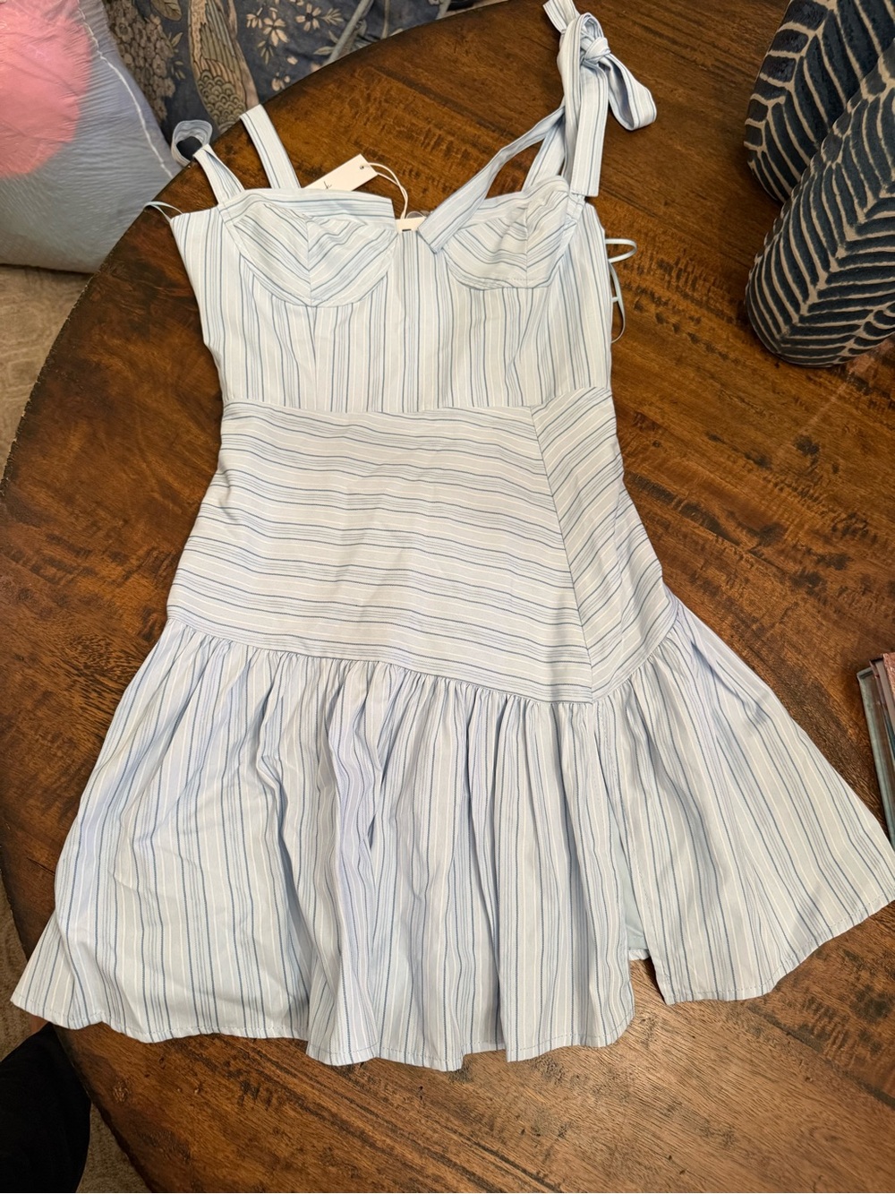 Light Blue & White Striped Tie-Shoulder Sundress